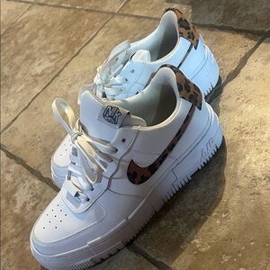 Nike Kids White Sneakers with Brown Leopard Accents